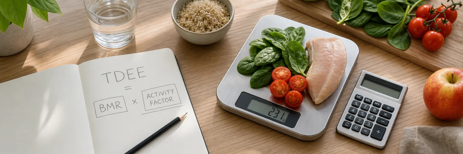 TDEE calorie deficit planning with food scale, notebook, and balanced ingredients