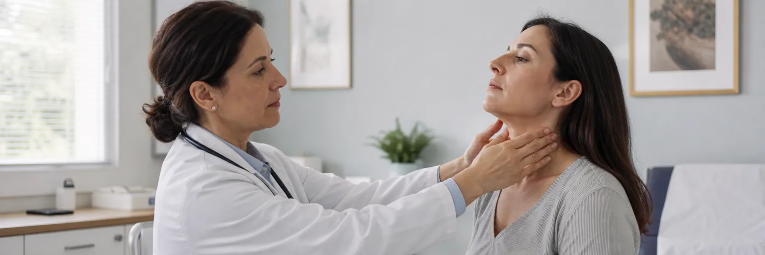 Clinician performing a routine thyroid neck examination on a patient in a primary care office
