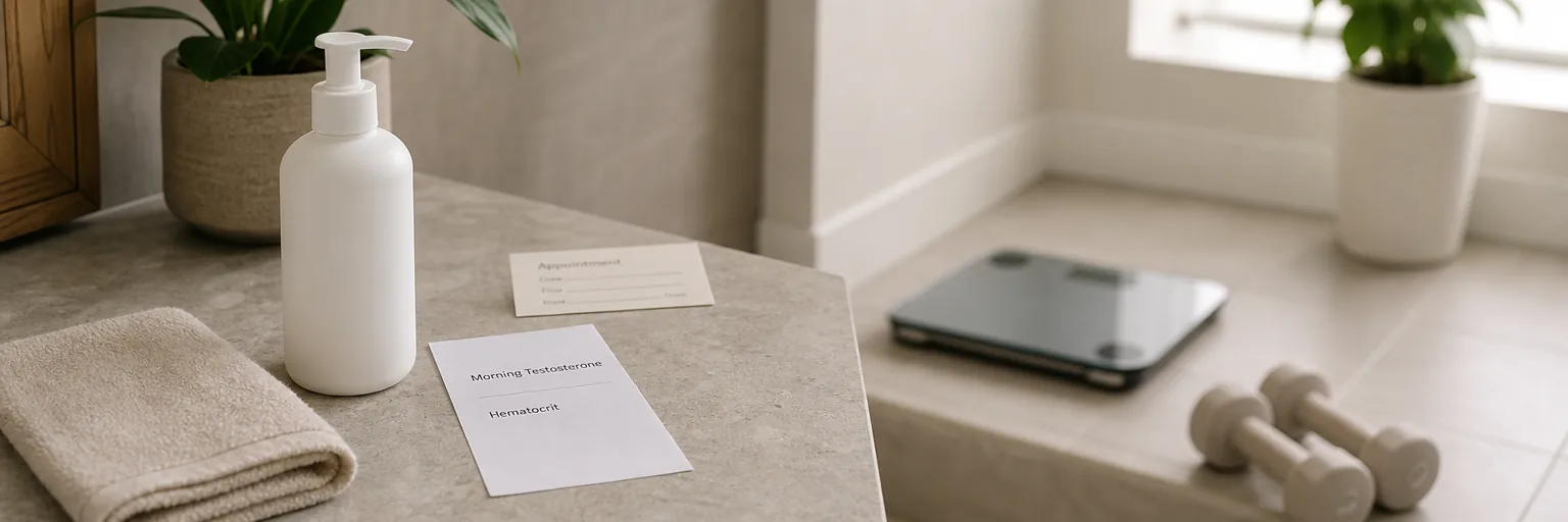 calm neutral bathroom counter with an unlabeled white pump-bottle mock-up, a plain paper lab-slip printout listing morning testosterone and hematocrit, a folded neutral hand towel, a modern digital bathroom scale in soft focus on the tile floor, a small pair of light hand weights beside the counter, and a printed appointment card