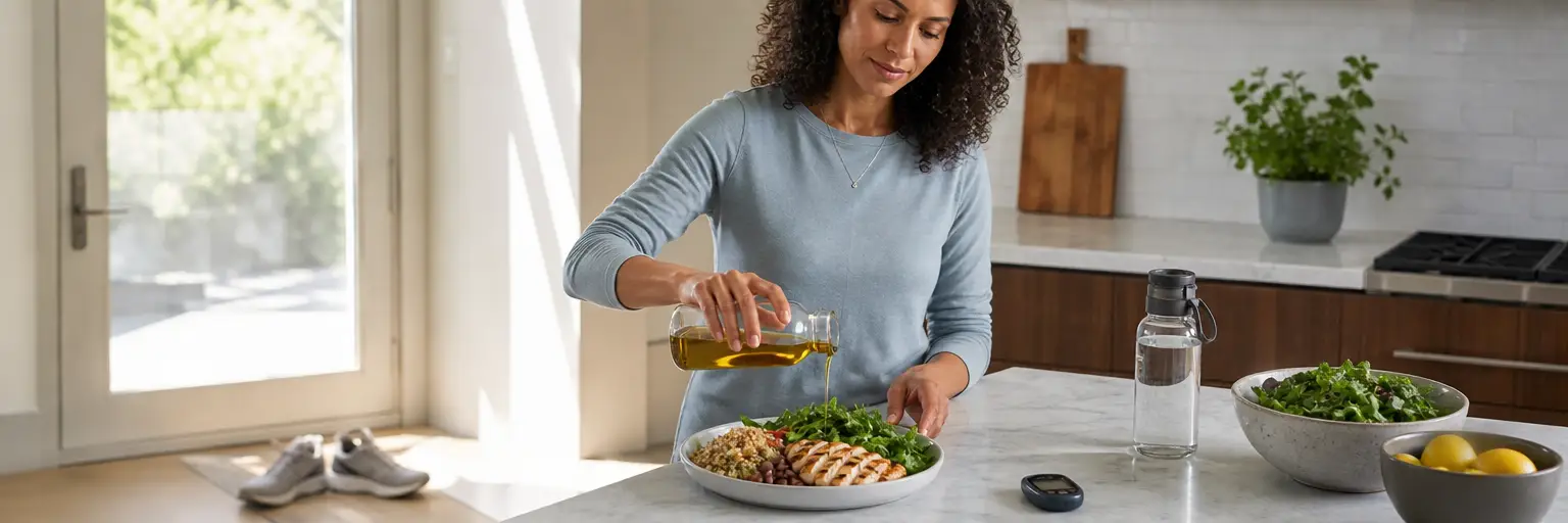 adult preparing a balanced plate at a sunlit kitchen counter with walking shoes, a water bottle, and a CGM reader nearby as part of a type-1-diabetes-friendly weight-management routine