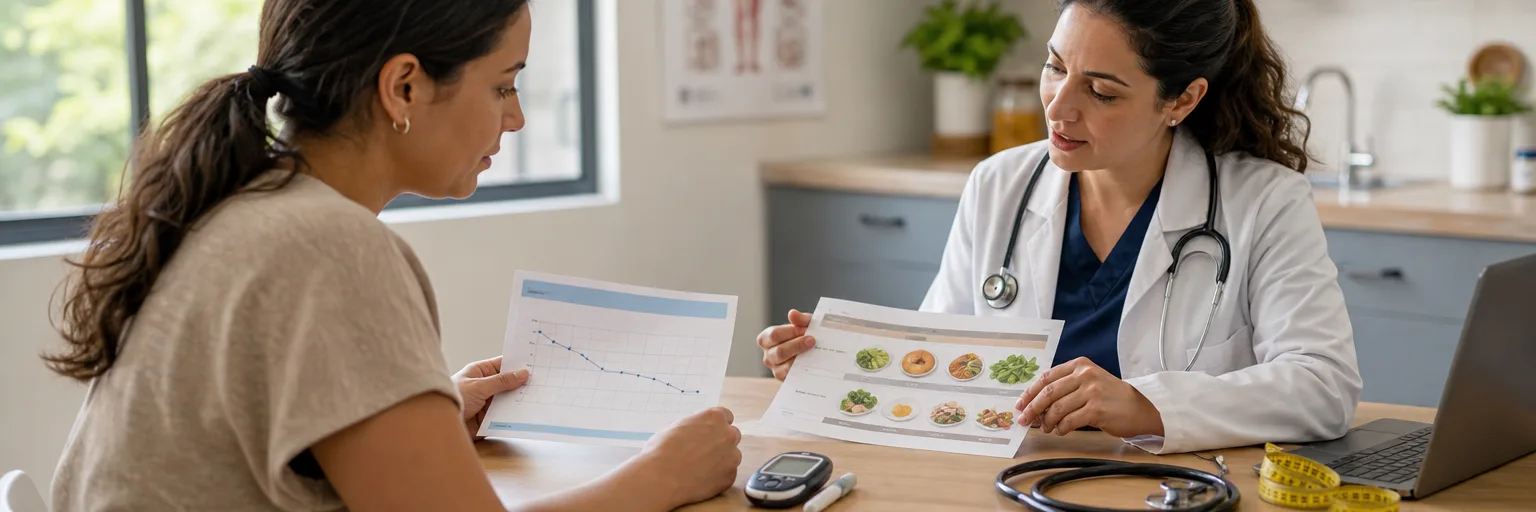 Adult patient in a bright primary-care clinic reviewing a printed A1c trend chart with a physician holding a printed 12-week food-reintroduction plan, a glucometer, stethoscope, and cloth measuring tape on the desk.