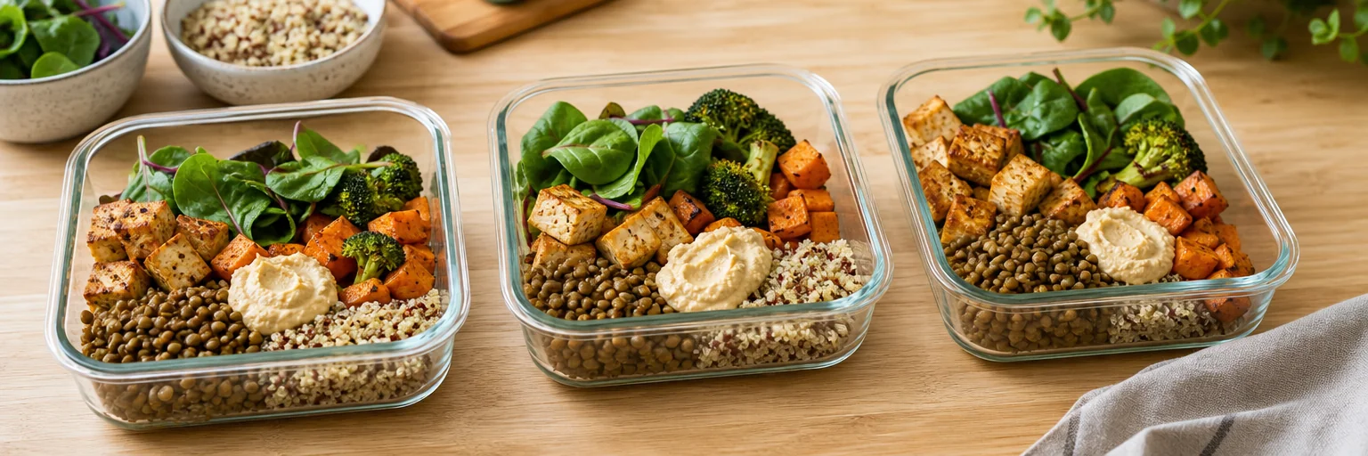 vegetarian meal-prep containers with tofu, lentils, quinoa, and roasted vegetables for a high-protein weight-loss week