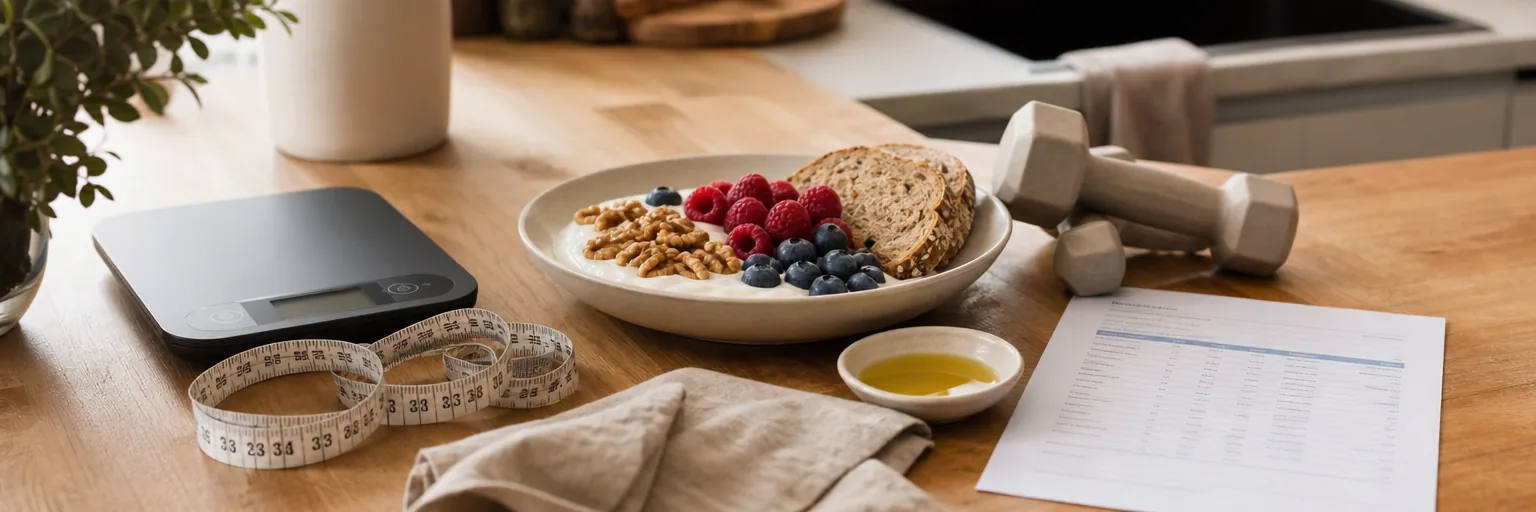 bright natural-daylight kitchen counter with a cloth tape measure coiled beside a matte home scale, a shallow Mediterranean-plate breakfast of Greek yoghurt with walnuts, raspberries and blueberries, a slice of whole-grain toast and a small dish of olive oil, a light dumbbell pair, and a plain-letterhead lipid-panel and fasting-glucose lab-slip mock-up on warm oak