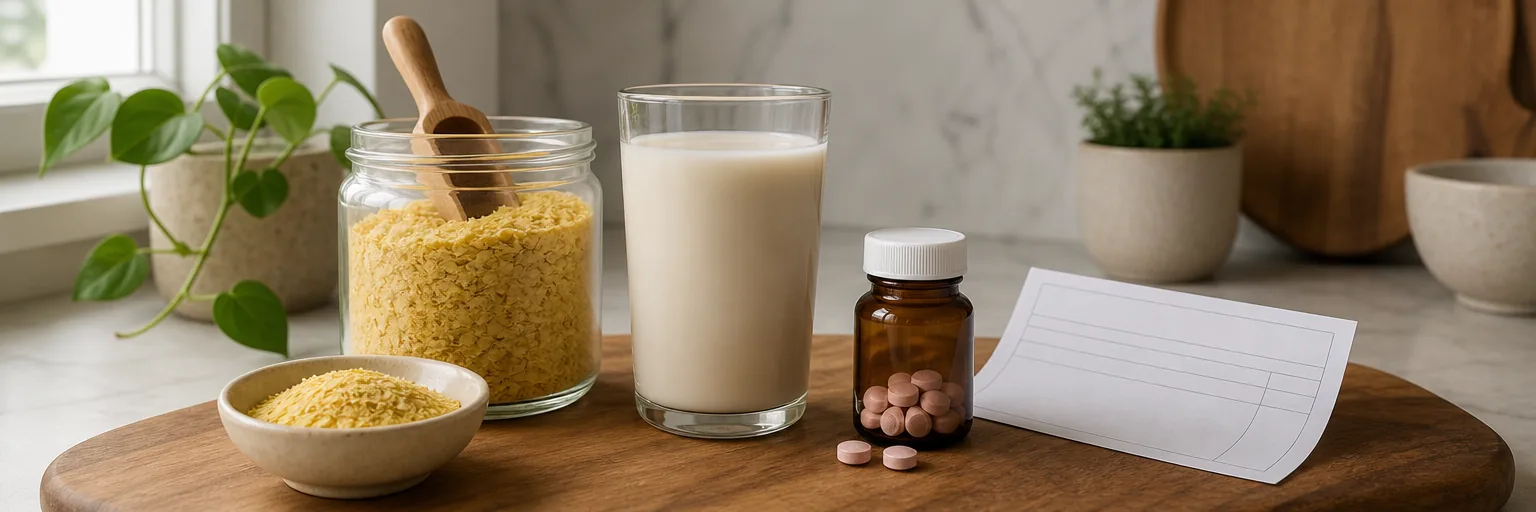 kitchen counter with plant-based B12 sources — fortified nutritional yeast and fortified plant milk — alongside a small bottle of oral B12 tablets and a folded lab-slip mock-up illustrating B12 repletion options