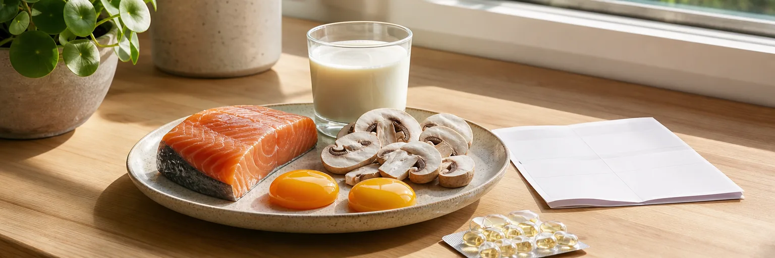 sunlit kitchen windowsill scene with a plate of fatty fish, egg yolks, mushrooms, and fortified milk beside a small blister of vitamin D3 softgels and a folded lab-slip mock-up illustrating vitamin D repletion sources