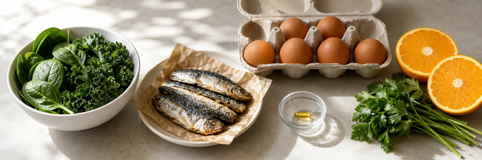 Editorial overhead of leafy greens, sardines, eggs, citrus, and a single vitamin D capsule showing food-first micronutrient sources for weight loss