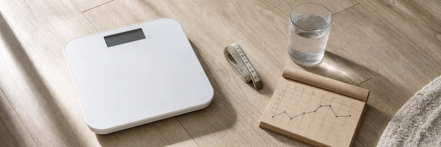 Overhead editorial still-life of a modern bathroom scale on light hardwood next to a folded cloth measuring tape, a glass of water, and a small notepad for tracking weekly weigh-ins.
