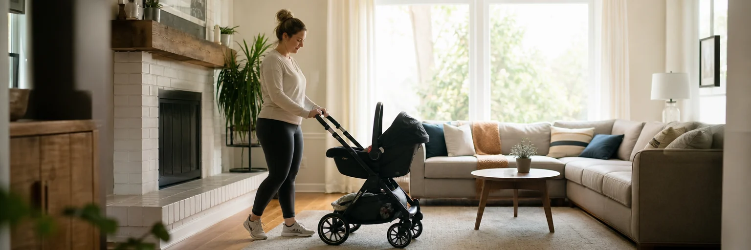 Postpartum mother doing gentle bodyweight exercise at home with her infant nearby