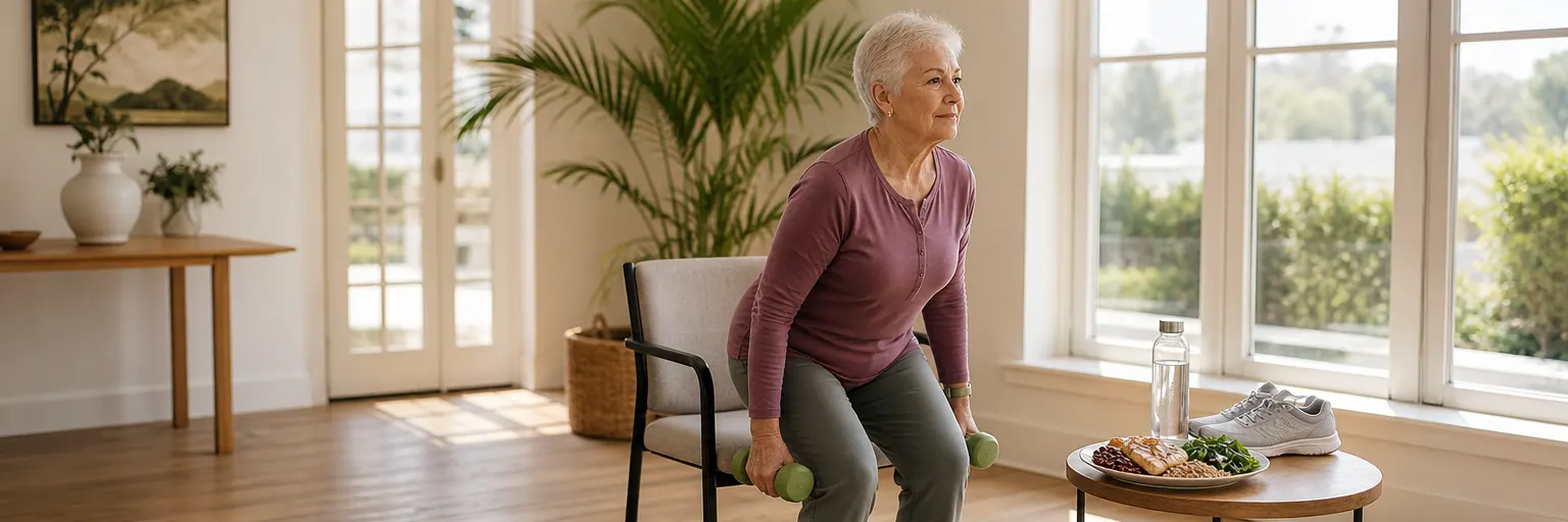 older adult performing a chair-supported strength routine in a sunlit setting with a water bottle, walking shoes, and a protein-forward plate nearby as part of a function-first weight-management routine