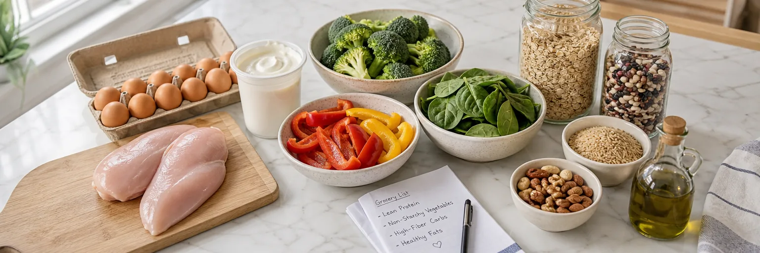 weight loss grocery list with vegetables, lean protein, and whole grains laid out on a kitchen counter