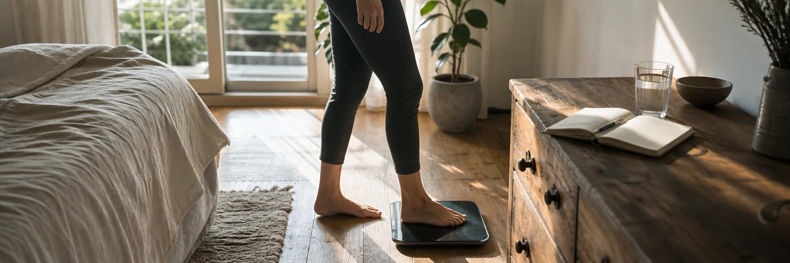 Person checking a bathroom scale at home as part of a weekly self-weighing routine for weight maintenance