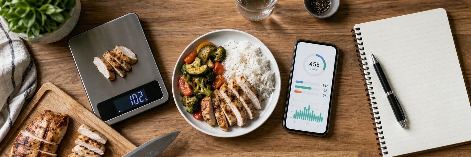 Kitchen counter with a food scale, partially prepared meal, and a calorie-tracking app on a smartphone