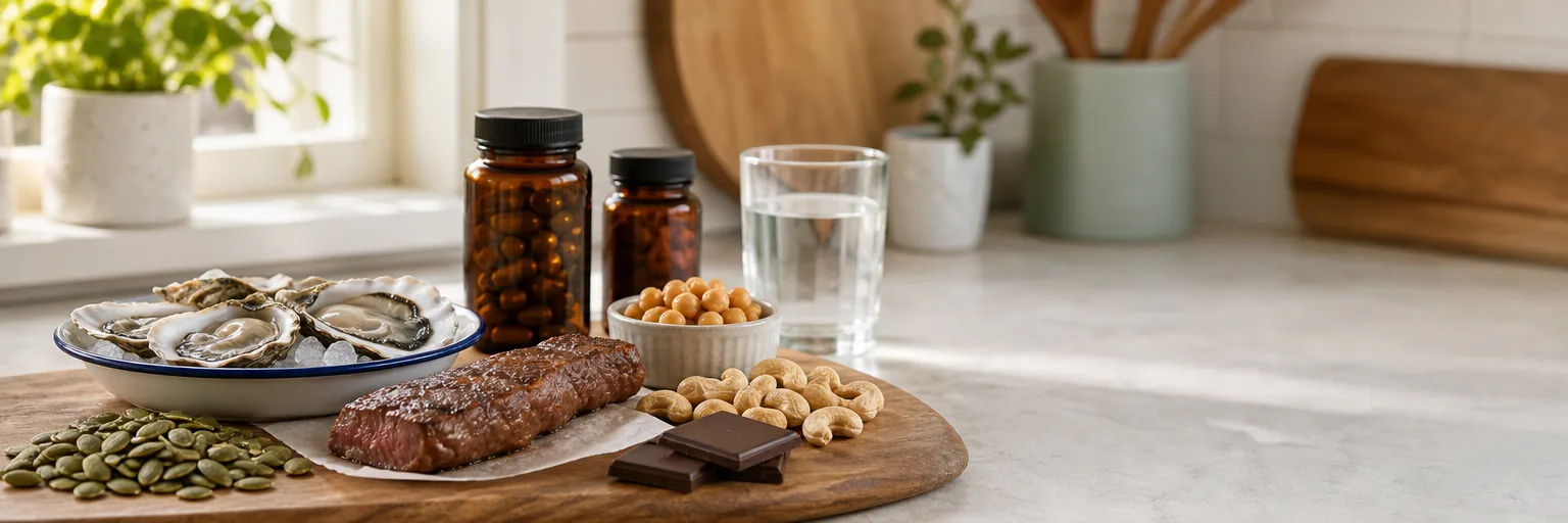 bright kitchen counter with a wooden serving board of dietary zinc sources — raw pumpkin seeds, three fresh oysters on shaved ice, a lean strip of cooked beef, raw cashews, cooked chickpeas, and two squares of dark chocolate — beside a small unlabeled amber-glass bottle of zinc glycinate softgels and a small unlabeled copper supplement bottle in soft focus, with a clear glass of water